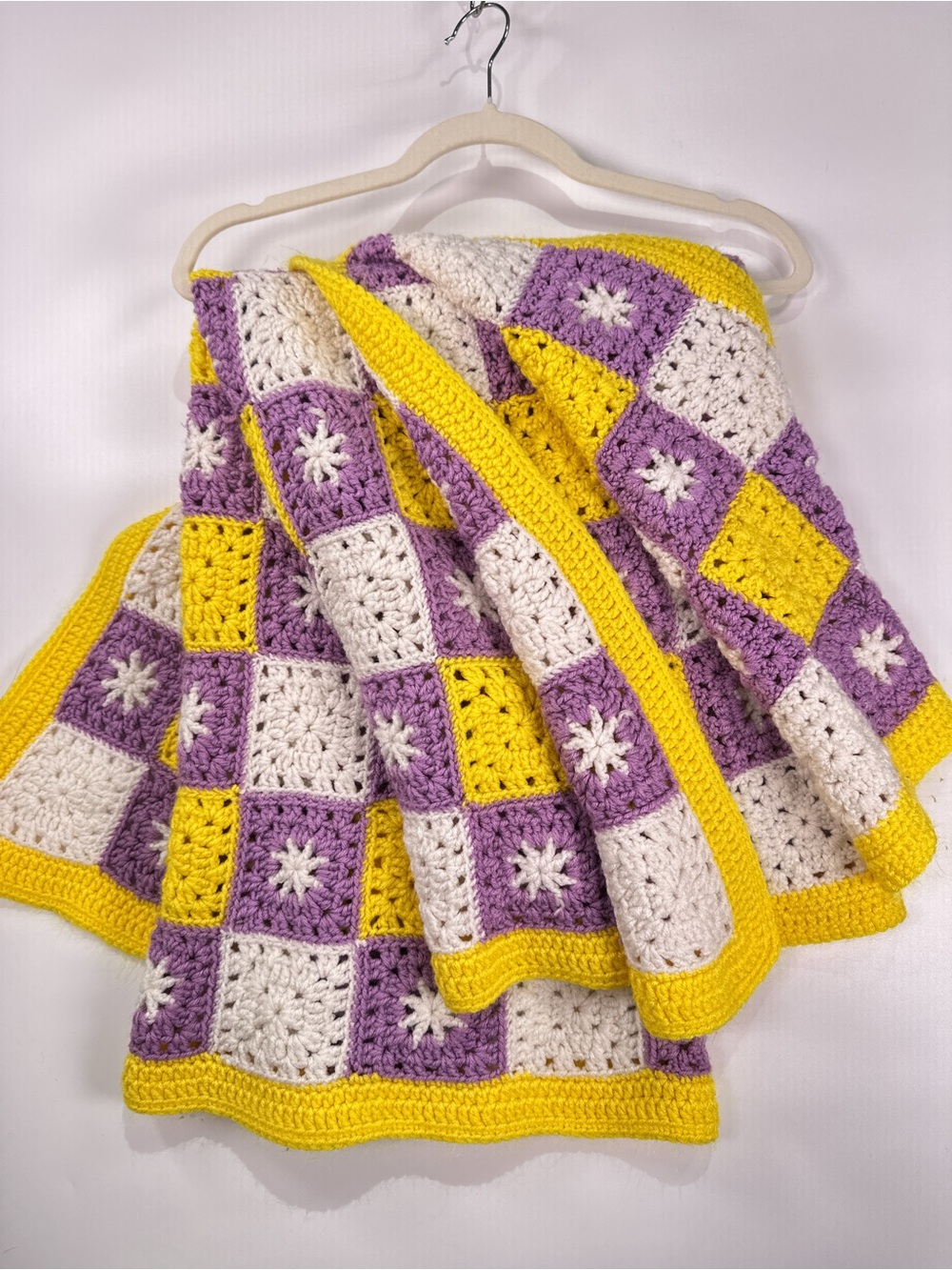 Handmade Vintage Granny Square Crochet Checkerboard Throw Purple Yellow 28x40 - Picture 3 of 9